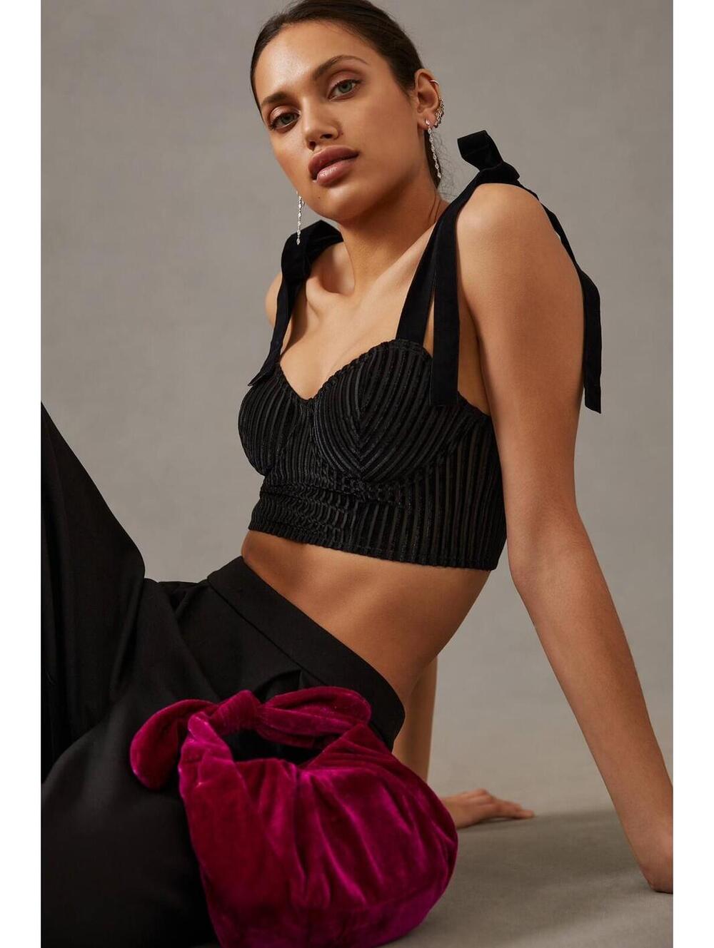 🖤NWT Anthropologie Corset Crop Top Velvet Stripes and Ribbon Tie Straps $68 (M)